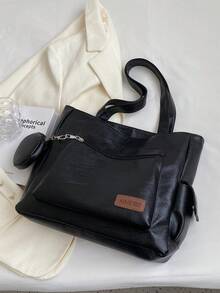 Bộ 2 túi tote bằng da PU họa tiết chữ cái kèm ví đựng tiền xu, túi đeo vai nhiều ngăn, kiểu dáng tối giản thời trang, phù hợp cho nữ giới đi mua sắm, sử dụng hàng ngày, du lịch, đi làm và đi học. - màu đen - Xem 8
