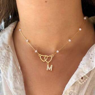 1pc New Fashion Double Heart Initial Pendant Golden Stainless Steel Bead Chain Necklaces For Women