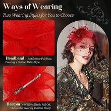 Fascinators Hats Women Tea Party Hat Mesh Headband Vintage Lace Cocktail Headwear Hair Clip Church - 紅色 - 查看 3