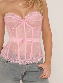 Women Lace Bustier Corset Tops Flower See Through Off Shoulder Sleeveless Body Shaper - Pink - View 5
