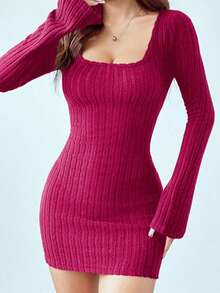 Women's Pullover Sweater Dress Casual Long Sleeve Cute Ribbed Knit Dress Square Neck Solid Color Bodycon Mini Sweaters Dresses Fall Winter Clothes - Màu Hồng Tươi - Xem 3