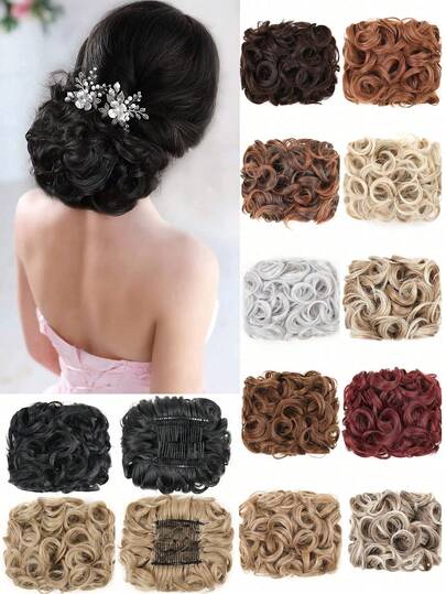 Large Rose Bud Chignon Hairpiece Curly Dish Comb Clip In Ponytail Messy Bun Extensions Scrunchie Updo Synthetic Easy Stretch Hair Buns Hair Piece For Women Wedding Party