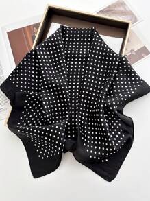 1条70*70厘米方形真丝围巾，女士缎面印花头巾，颈巾，发带，时尚女士披肩，围巾 - 黑色小波點 - 查看 3