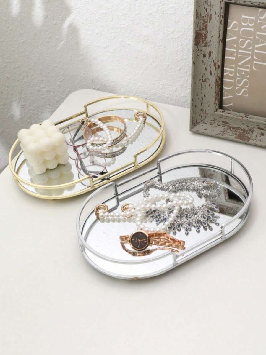 1pc Oval Tray, Luxury Style Storage Tray, Bathroom Vanity Makeup Organizer, Multifunctional Desktop Tray For Home, Tea Table, Water Cup, Home Decor Gifts For Women Back To School - Multicolor - View 1