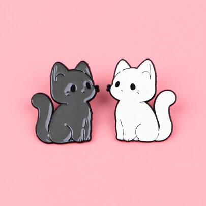 2 piezas Pareja de gato negro y gato blanco Alfileres de solapa esmaltados Insignias para mochila Broche de mujer Ropa Regalo Joyería Accesorios de moda