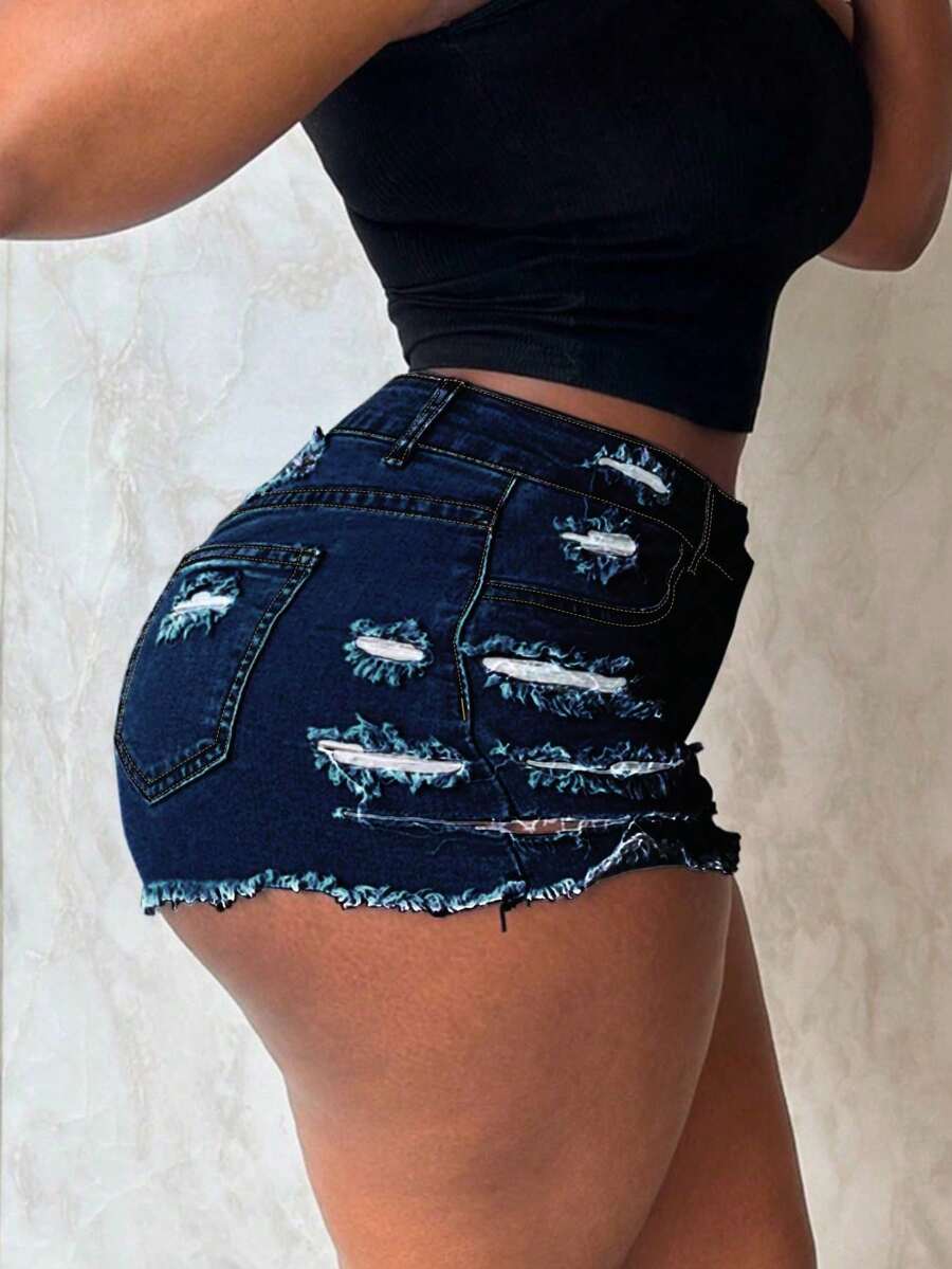 Women's Mid Rise Light Wash Denim Shorts - Distressed Ripped Frayed Hem Casual Shorts For Women Daily & Summer Wear - Dark Wash - View 1