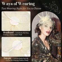 Fascinators Hats Women Tea Party Hat Mesh Headband Vintage Lace Cocktail Headwear Hair Clip Church - 米色 - 查看 3