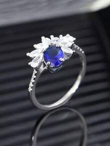 1pc S925 Silver Women's Elegant Ring With Lab-Grown Blue Sapphire Center Decoration, Delicate Floral Design And Sparkling Side Stones, Suitable For Wedding, Anniversary