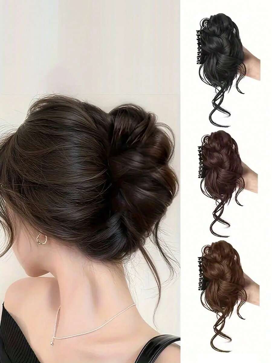 優雅女款蓬鬆馬尾假髮 - 高溫絲材質、捲髮、易造型高髮髻接髮,適合所有膚色,深褐色捲髮,穩固貼合,時尚髮飾,百搭假髮 | 光滑馬尾造型 | 穩固貼合假髮,假髮配件 - 彩色 - 查看 1