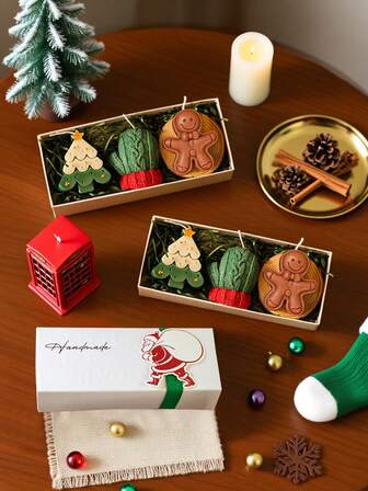 3件套圣诞礼盒，创意蜡烛，家居装饰，节日蜡烛，适合圣诞节装饰，圣诞装饰蜡烛，大豆蜡烛，拍摄道具，可作为礼物送给家人、朋友，营造圣诞氛围，圣诞装饰，房间装饰，圣诞礼物