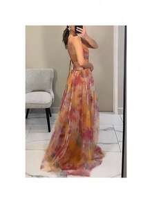 2025 New Mesh Printing Suspender Dress INS Vacation Casual Party Dress - Orange - View 4