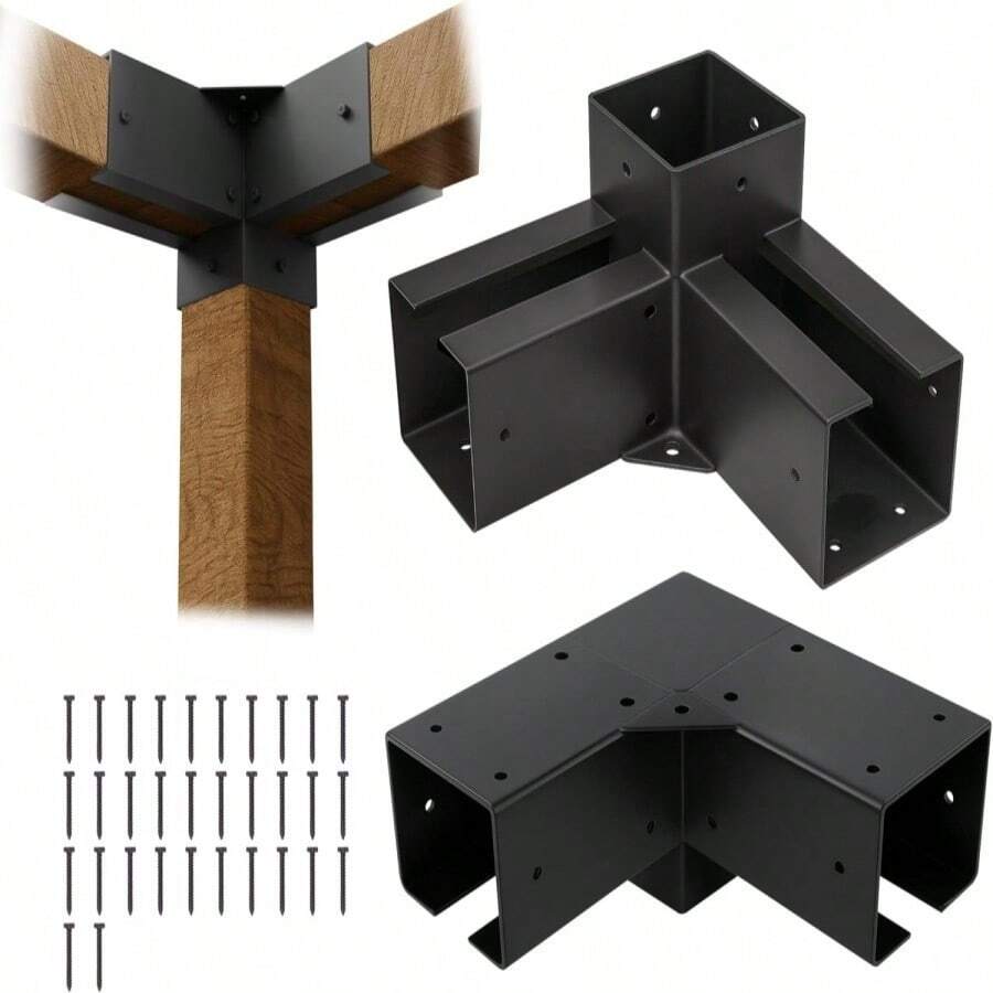 ColourTree Pergola Brackets For 4 X 4 Wood Post, 3-Way Corner Brackets, Powder Coated Steel, Pergola Kit For Gazebo, Patio Pergolas, Gardens - 2 PCS