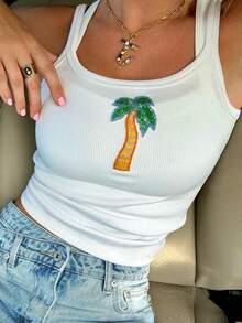 Women's Summer Embroidery Camisoles Sleeveless U Neck Slim Fit Cami Tank Tops For Beach - Green - View 7