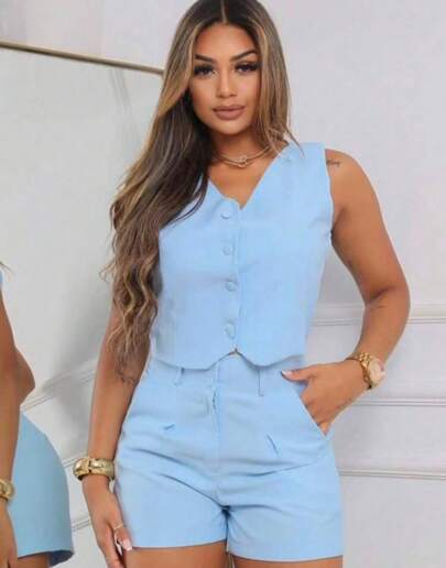 Conjunto Alfaiataria Feminino Casual Colete e Short Social Verão 2025