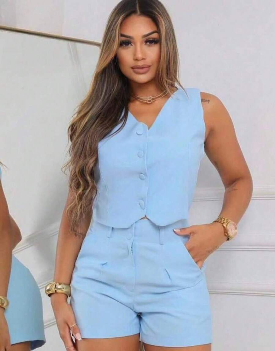 Women's Tailored Set: Vest And Formal Shorts - Baby Blue - View 1