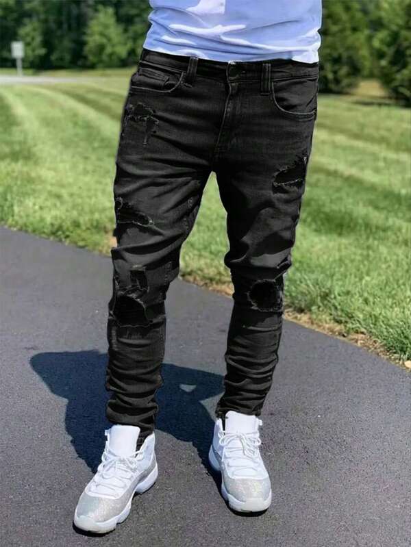 1pc Men's Black Elastic Skinny Distressed Versatile Jeans, Outdoor Comfortable Casual Cargo Skinny Jeans, Y2K Style, Suitable As Gift For Husband/Boyfriend, Daily Wear