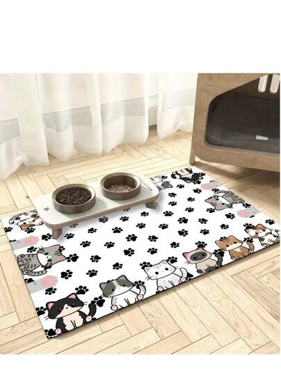 1 Piece, Simple Style Cute Cat Pattern Pet Feeding Mat, Reusable, Easy To Clean, Multifunctional Water Absorbing Quick Drying Dog Food Bowl Mat, Indoor And Outdoor Universal Pet Food Mat, Home Decoration Accessory, Suitable For Independence Day, Christmas, Halloween