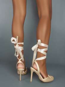 春季新款优雅时尚女士高跟鞋性感方头踝带缎带蝴蝶结芭蕾舞鞋杏色派对凉鞋 - 杏色 - 查看 6