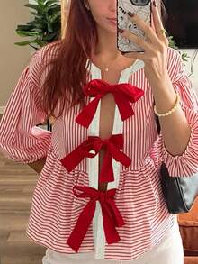 Women's Fashion Striped All-Over Print Contrast Color Bow Tie Ruffle Hem Blouse