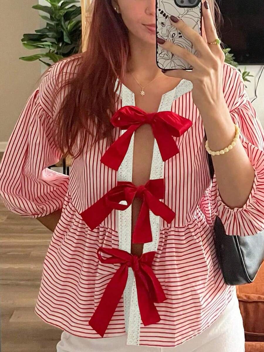 Women's Fashion Striped All-Over Print Contrast Color Bow Tie Ruffle Hem Blouse
