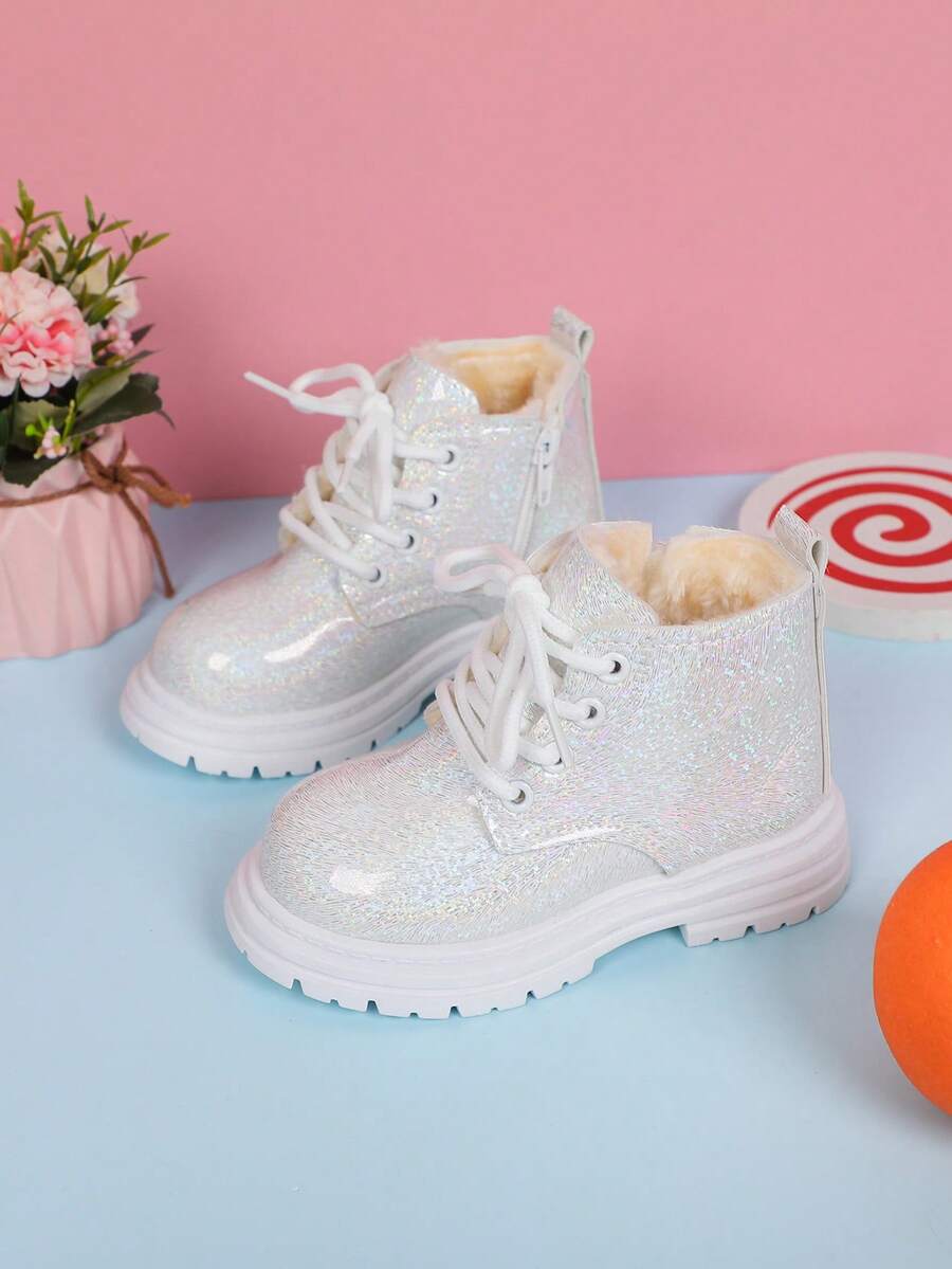 1 双男女款经典圆头闪亮 PU 公主靴，前系带，侧拉链，中筒，厚底，保暖衬里，适合冬季 - 白色 - 查看 1