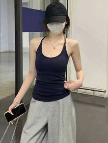 Summer Korean Style Fitted Padded Chest Versatile Backless Camisole Tank Top - Navy Blue - View 3