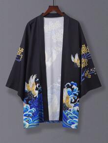 鹤印花街头海滩旅行度假休闲薄披肩和服罩衫，宽松日式 3/4 袖浴衣外套，轻盈夏季防晒时尚罩衫，圣诞服装 - 黑色 - 查看 3