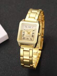 1pc Women's Fashion Casual Square Roman Numeral Dial Quartz Wrist Watch, Stainless Steel Band, Stylish & Elegant (1pc/Set), Watch Box Not Included - Gold - View 5