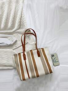 簡約條紋圖案單肩包女士時尚大容量手提包休閒拉鍊購物袋 - 彩色 - 查看 6