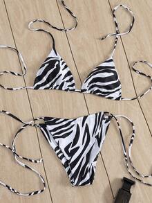 夏季性感斑马纹系带吊带沙滩度假比基尼套装 - 彩色 - 查看 3