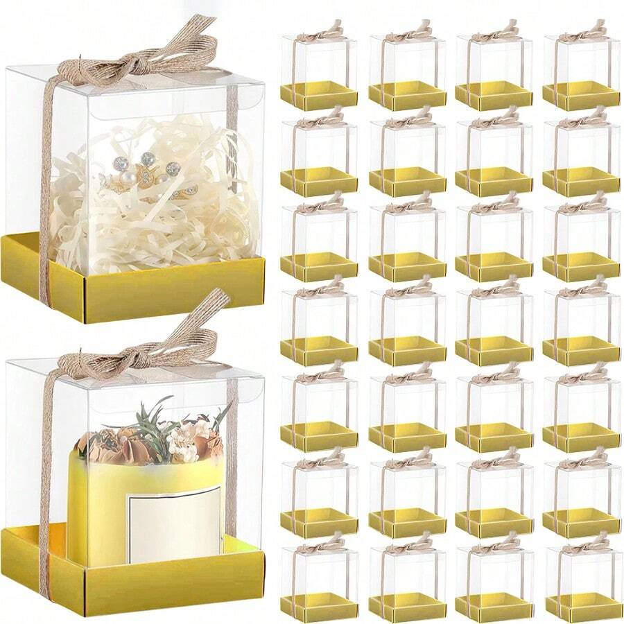 20pcs/Pack Elegant Transparent Gift Boxes - Stackable Clear Cube Boxes With Kraft Paper Bottom Tray And Jute Rope Decor - Suitable For Weddings, Birthdays, Baby Showers - Candle Decoration Boxes - Jewelry Display Boxes - Favor Packaging