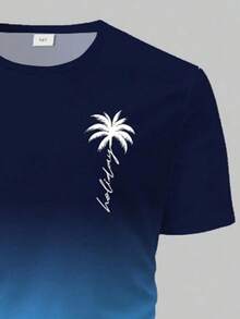 Purechapter 2 件套青少年男孩夏季渐变极简主义椰子树和字母印花短袖 T 恤和短裤套装带口袋，适合通勤、户外、度假、休闲和运动穿着 - 藏蓝色 - 查看 3