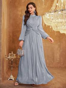 女士立领扭腰串珠优雅长灯笼袖撞色连衣裙，适合婚礼、春季派对等场合 - 灰藍色 - 查看 5