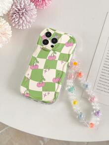 Cream Textured Wavy Edge Glossy Plaid Cherry Painting Anti-Drop Phone Case With Handmade Beaded Bracelet Accessory, Compatible With IPhone 16/11/16pro/16plus/16promax/16e/15Promax/13/14/12/XS/XR/7G/8P, Compatible With Samsung Galaxy S25/S25PLUS/S25 Ultra/A16/A36/A26/A56 Waterproof Shockproof Scratch Resistant - Multicolor - View 3