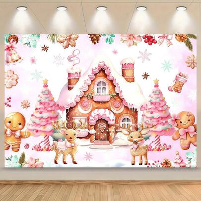 A Christmas-Themed Backdrop Featuring A Pink Gingerbread House And Candy Wonderland Scene, Perfect For Holiday Party Decorations, Birthday Celebrations, And Festive Carnival-Themed Photo Shoots. Ideal For Christmas Festivities And Holiday Decorations In Both Homes And Offices.