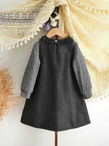 Kleine Mädchen Winter 2 Stücke Kleidungssets Einfarbig Langarm Basic Tops Und Spitzen Weste Kleid Lässig Kleidung - Grau - Übersicht 2