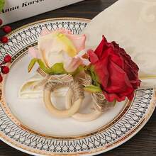 6pcs/Set Elegant Fresh Mori Simulation Rose Napkin Rings Twine Napkin Rings, Suitable For Weddings, Birthday Parties, Graduation, Christmas, Daily Table Decorations, Etc. - Pink - View 4