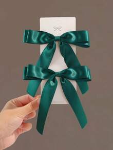 2pcs Girls' Simple Fashion Cute Daily Versatile Satin Ribbon Bow Hair Clips, Multi-Size - Dark Green - View 5