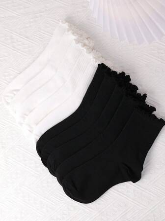 5双装女士荷叶边褶皱短袜黑白新奇趣味踝袜可爱纯色透气时尚中筒袜