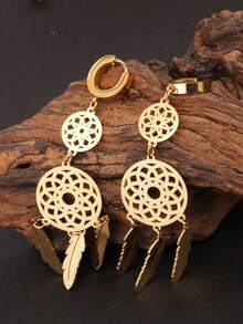 1 对不锈钢欧式 3 镂空花卉吊坠耳环，18K 金叶藤蔓吊坠耳环，适合作为妻子/女友情人节礼物，适合女性日常佩戴 - 金色捕夢網吊墜流蘇樹葉耳扣 - 查看 2