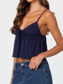 Women's Y2K Flowy Babydoll Cami Top Sleeveless V Neck Tie Front Crop Top Ruffle Hem Peplum Tank Shirt Summer Going Out Camisole Beachwear - 藏蓝色 - 查看 3