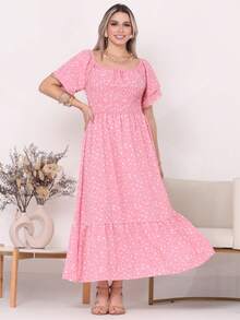 Women's Long Midi Dress With Puffer Sleeves And  Frills, Off-The-Shoulder, Tres Marias Floral - BUNGA MAWAR KECIL - View 2