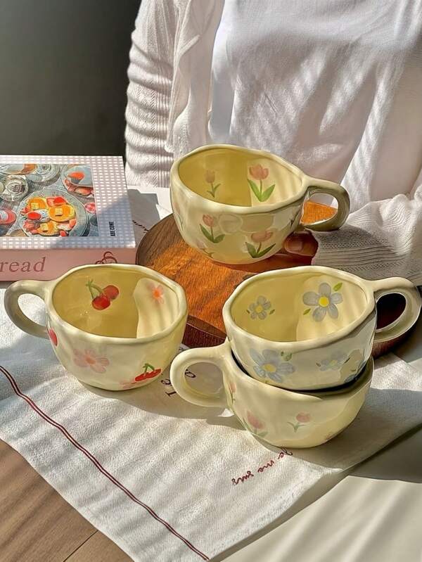 1 Piece Of Large Capacity High Temperature Resistant Ins Style Cute Hand-Kneaded Irregular Ceramic Coffee Cup Mug, Flower Ceramic Cup, Coffee Cup, Matcha Tea Cup, Oatmeal Cup, Small Flower Breakfast Cup, Birthday, Christmas, Halloween, Easter, Youth Day, Home, Office, Cafe Use Gift, Kitchen Drinkware, Gift For Boyfriend/Girlfriend, Back To School, Reusable