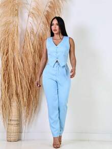Women's Formal Skinny Pants Tailoring Set - Baby Blue - View 4