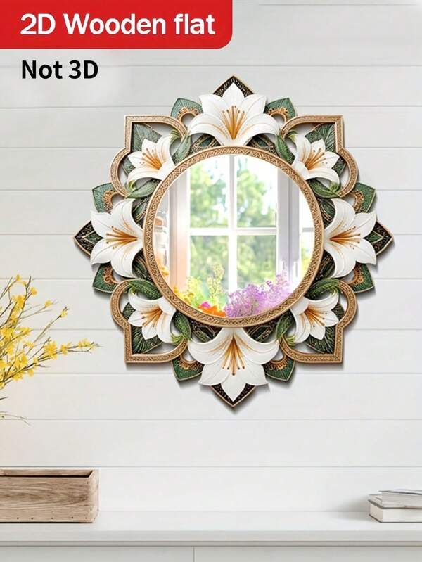 1pc 2D Printed Wooden Lily Flower Mirror - Bohemian Style Floral Art Wall Mirror Sticker, Vibrant Floral Mandala Design Wall Mirror, Colorful Art Mirror Sticker, Decorative Hanging Mirror, Suitable For Living Room, Patio And Bathroom, Wall Decor | Outdoor Garden Decor | Holiday Gift