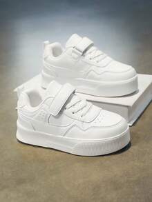 Kids White Thick Sole Sneakers, Hook And Loop Design Easy On/Off Casual Trainers, Suitable For Daily Wear & Outdoor Sports, Boys & Girls