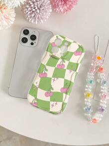 Cream Textured Wavy Edge Glossy Plaid Cherry Painting Anti-Drop Phone Case With Handmade Beaded Bracelet Accessory, Compatible With IPhone 16/11/16pro/16plus/16promax/16e/15Promax/13/14/12/XS/XR/7G/8P, Compatible With Samsung Galaxy S25/S25PLUS/S25 Ultra/A16/A36/A26/A56 Waterproof Shockproof Scratch Resistant - Multicolor - View 6