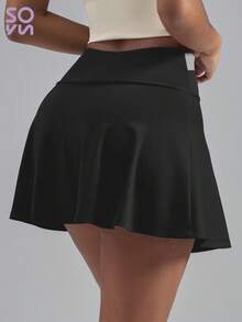 Soyun Falda pantalón deportiva de unicolor 2 en 1 ligera, adecuada para actividades al aire libre, viajes y gimnasio, color negro, verano - Negro - Ver 3