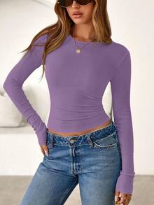 Women Spring And Fall Long Sleeve Shirts Ribbed Crewneck Fitted Basic Tee Going Out Tops Casual Workout Vacation Outfits - 紫色 - 查看 4