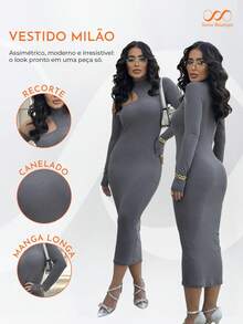 Premium Ribbed Long Dress With Open Shoulder And Long Sleeves - Màu xám đen - Xem 3